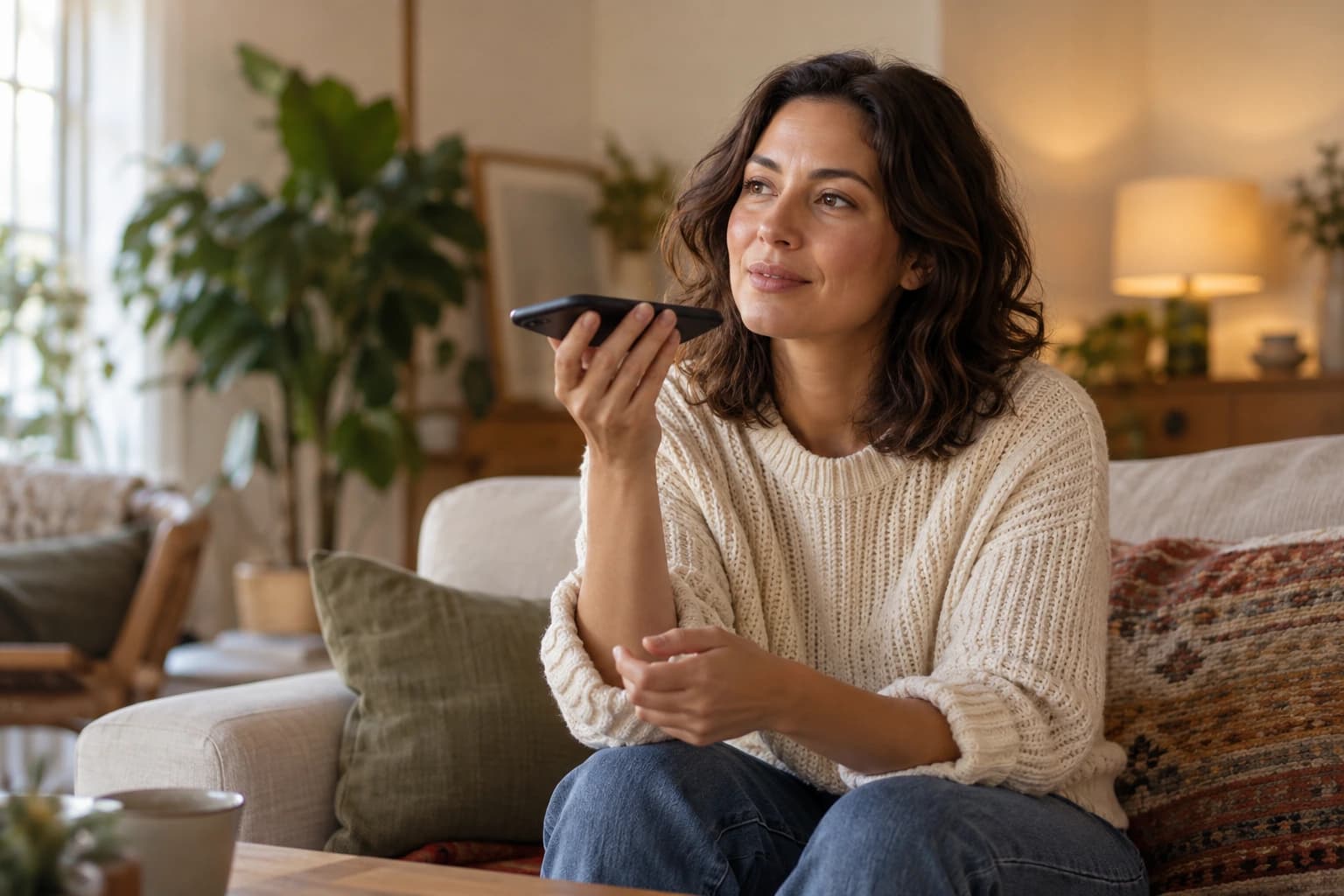 Fictional client holding her phone to record a voice reflection.