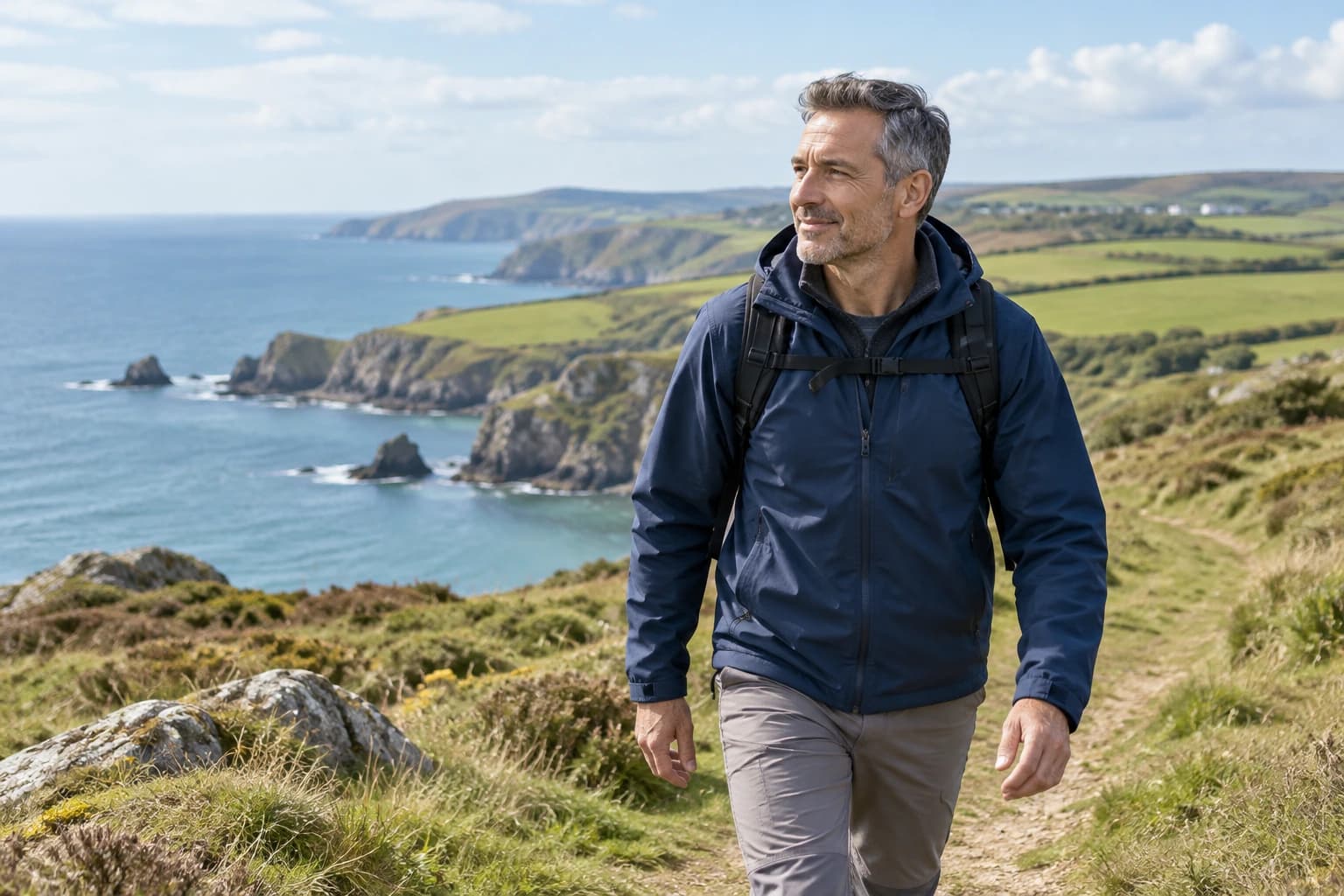 Fictional client walking outdoors on a hillside path.